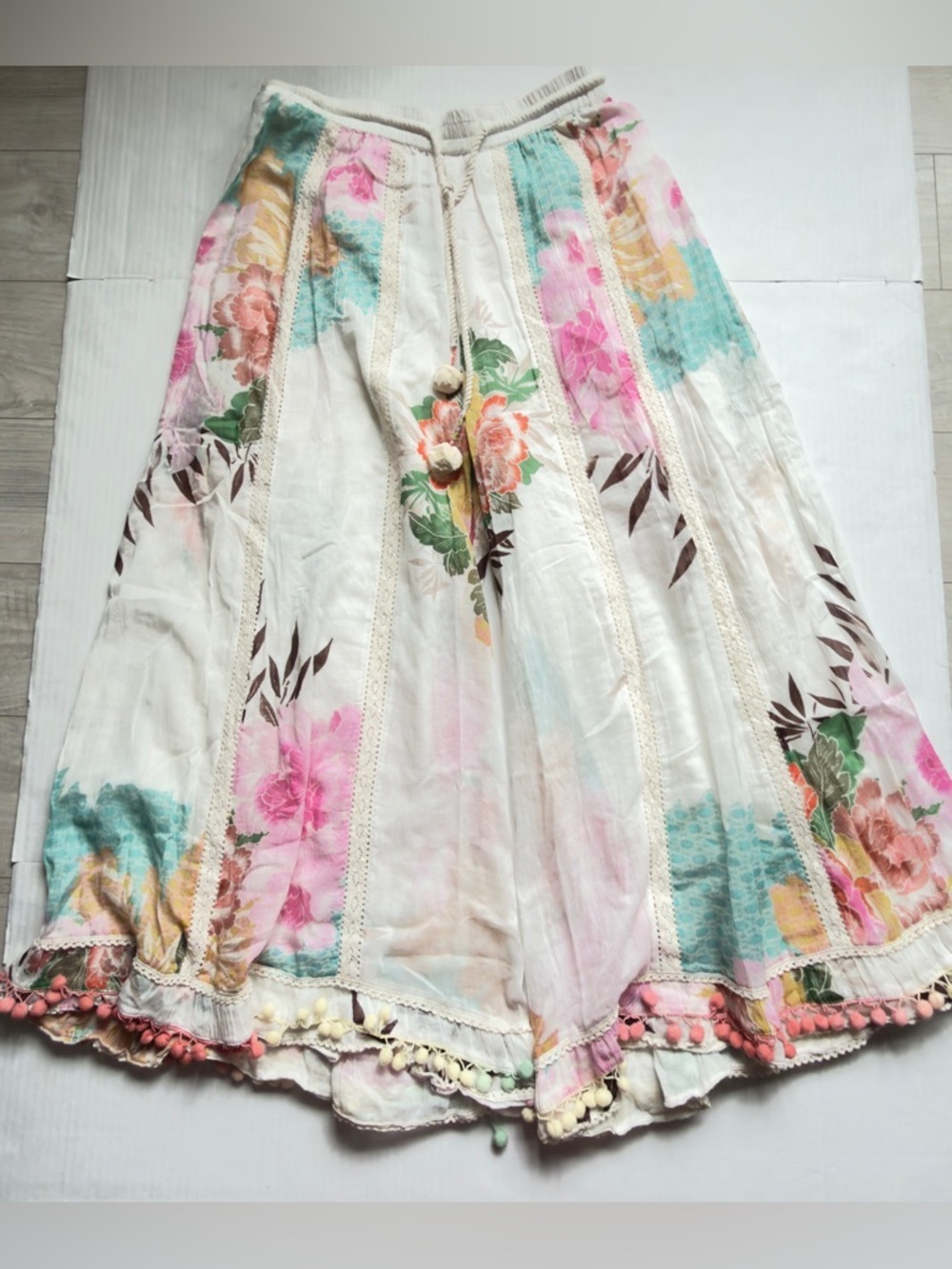 Z&L100% Cotton Boho Floral Palazzo Pants Summer Festival Pom Pom Size